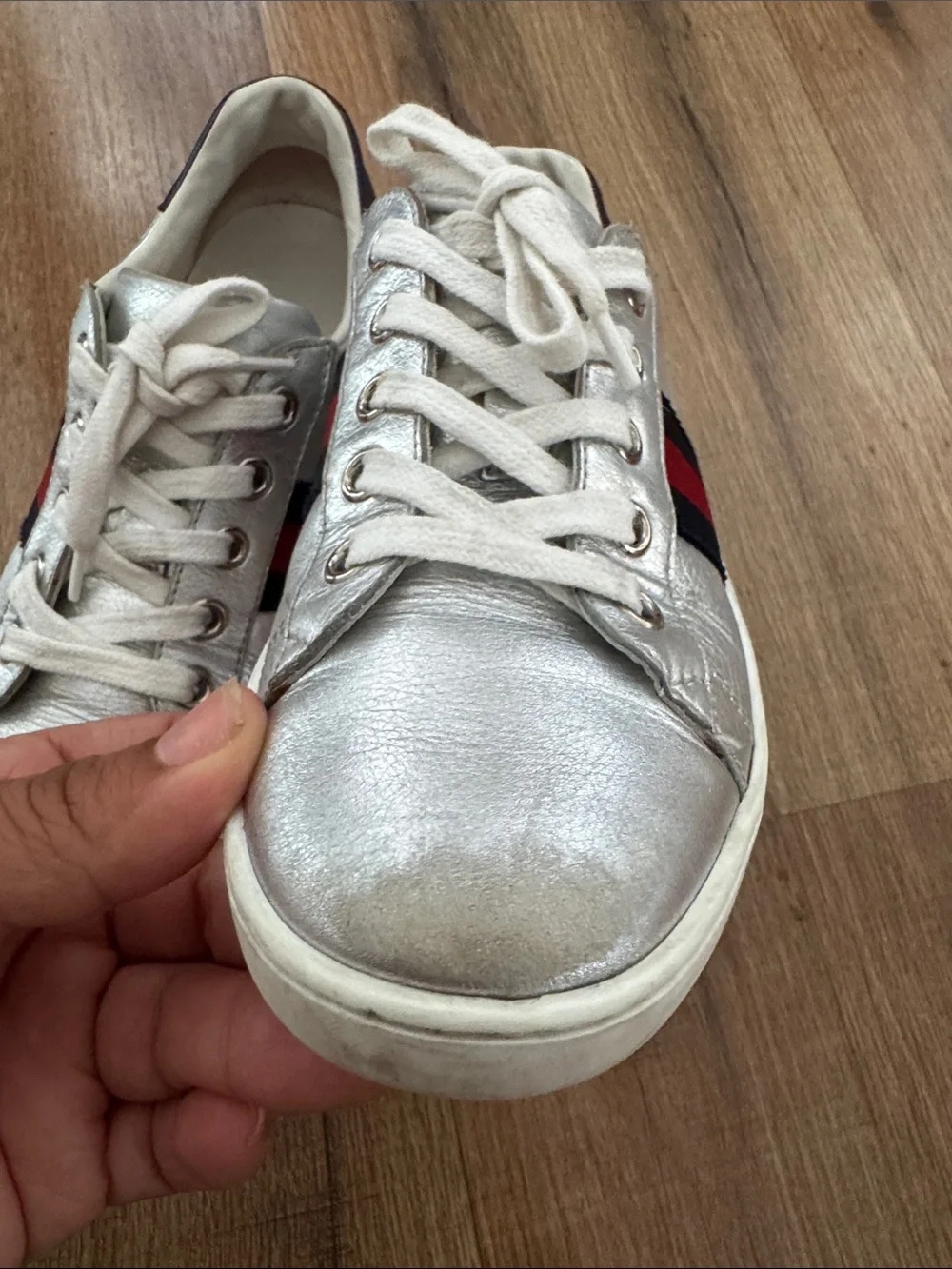 Gucci kids Ace Sneakers in metallic silver leather